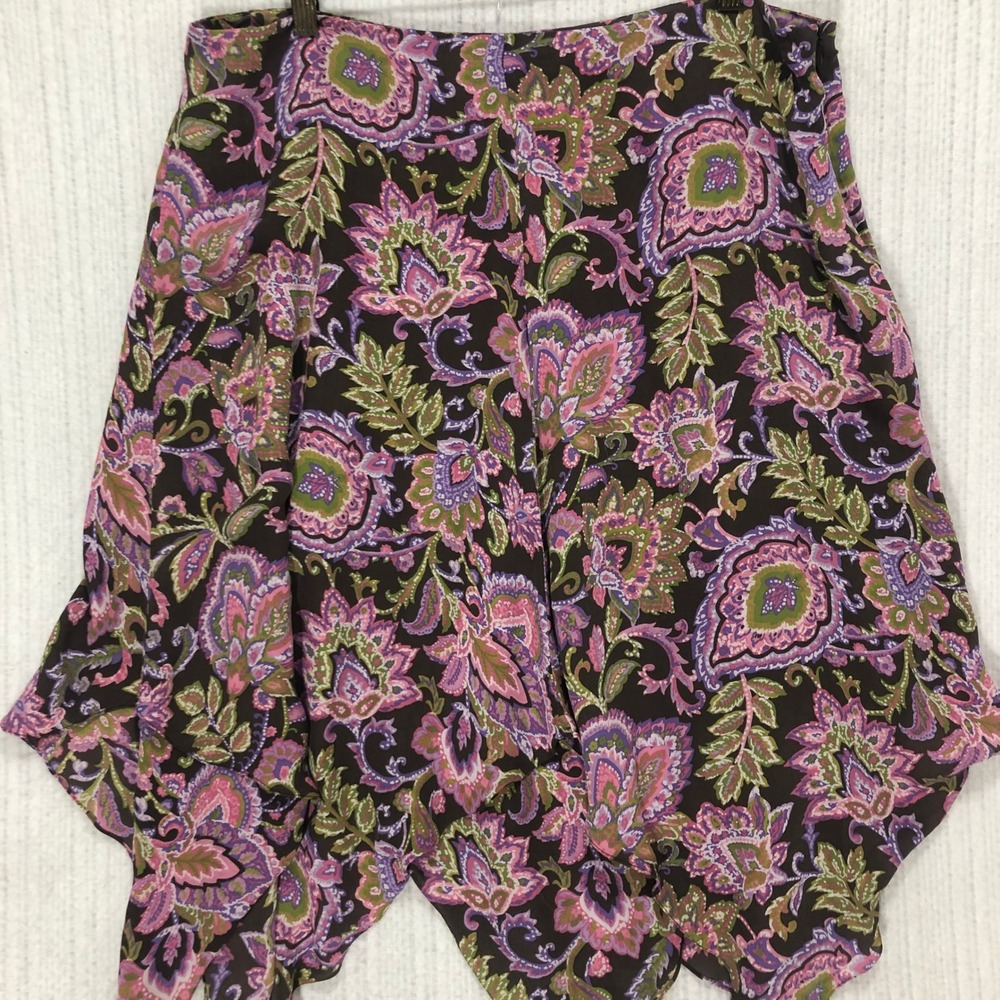Jones New York Signature Silk‎ Paisley Handkerchief Hem Skirt Brown Pink 16